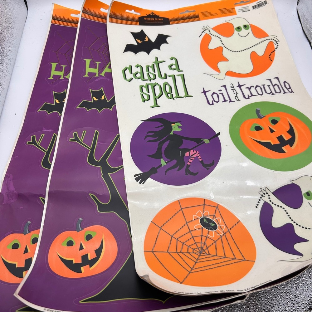 Vintage 2009 Halloween Window Clings 4 Sheets Witch Ghost Pumpkin Bat Decor